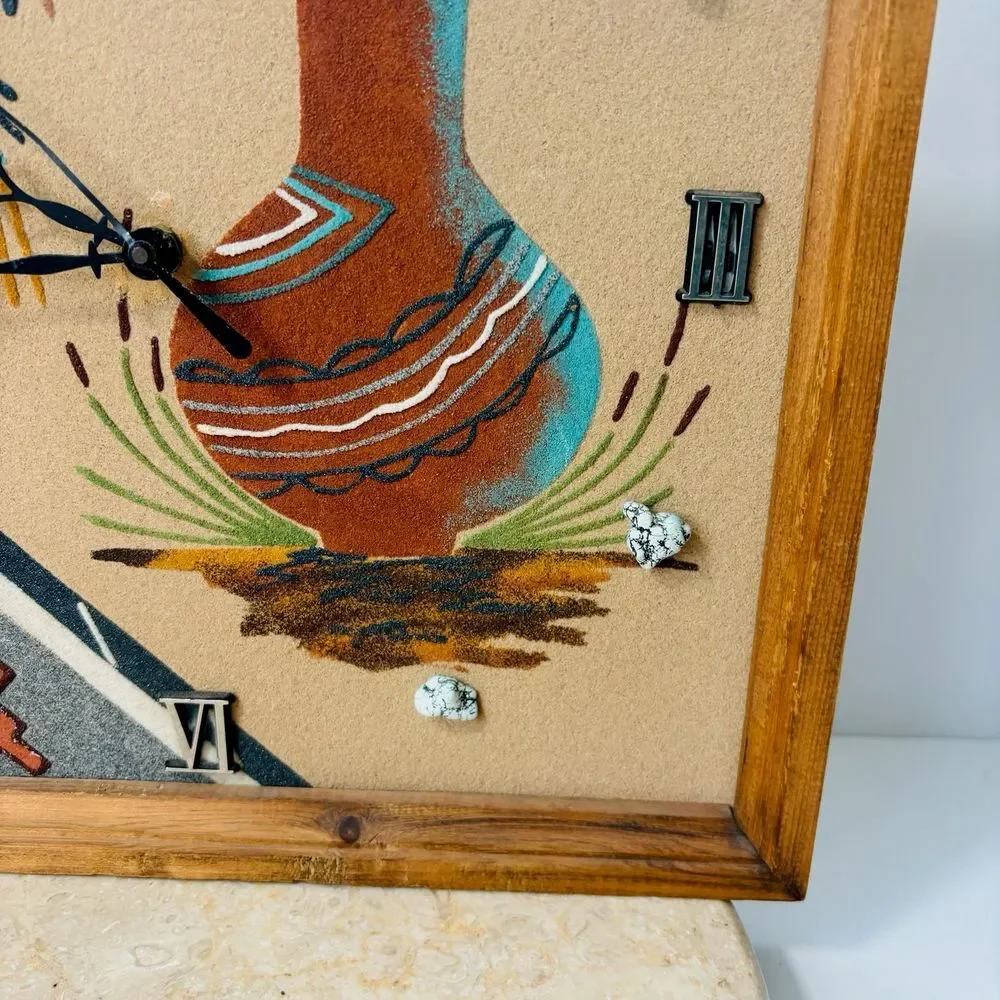 Vintage‎ Native American Navajo Turquoise Stones Sand Painting Art Clock VTG